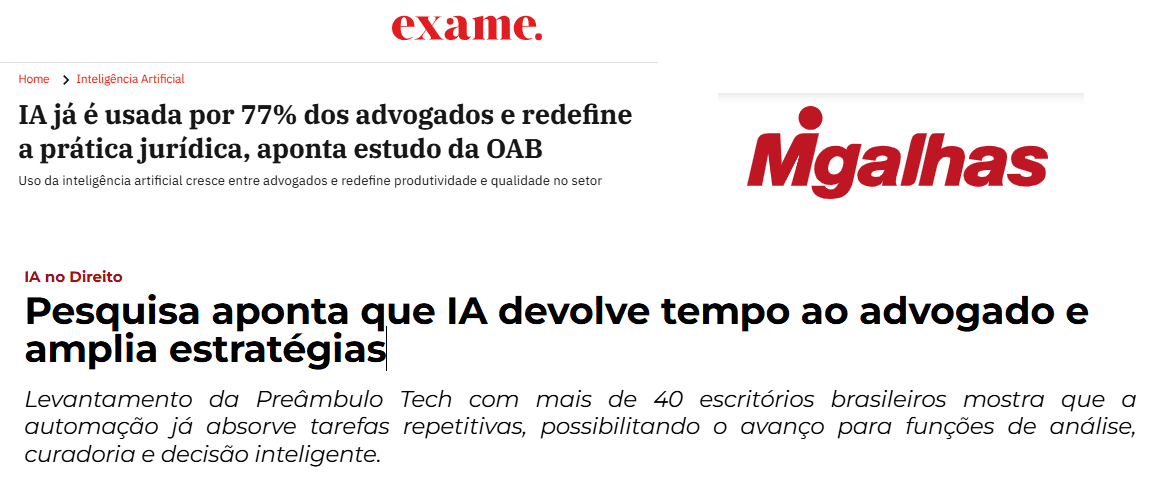 Manchetes Exame e Migalhas: IA é usada por 77% dos advogados